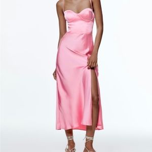 Pink Zara satin midi dress, thin straps that cross at the back with ties.